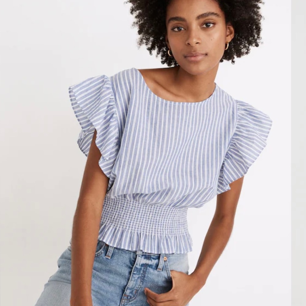 Madewell Flutter-Sleeve Smocked Top in Stripe Size Medium - Picture 2 of 7